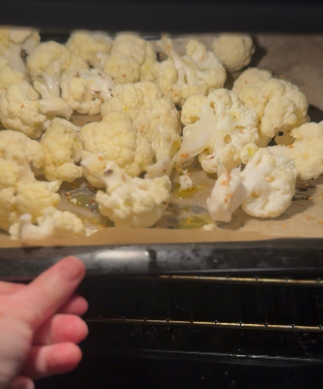 Olive oil and Seasme Roasted Dukkah going into an oven.