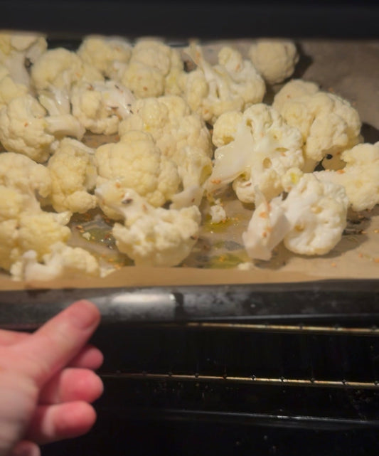 Olive oil and Seasme Roasted Dukkah going into an oven.
